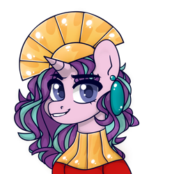 Size: 1843x1843 | Tagged: safe, artist:batavern, derpibooru import, starlight glimmer, unicorn, collaboration, g4, bust, clothes, collaboration:choose your starlight, crossover, disney, female, kuzco, looking at you, mare, portrait, simple background, solo, the emperor's new groove, transparent background