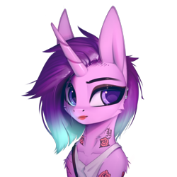 Size: 2398x2398 | Tagged: safe, artist:justafallingstar, derpibooru import, starlight glimmer, pony, semi-anthro, unicorn, collaboration, bust, clothes, collaboration:choose your starlight, collarbone, cyberpunk 2077, female, lipstick, looking at you, mare, ponified, portrait, simple background, solo, species swap, sternocleidomastoid, tattoo, transparent background