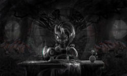 Size: 3690x2207 | Tagged: safe, artist:ciborgen, derpibooru import, rarity, pony, unicorn, g4, alan wake 2, black and white, film grain, grayscale, high res, looking at you, monochrome, narrowed eyes, sewing machine, solo