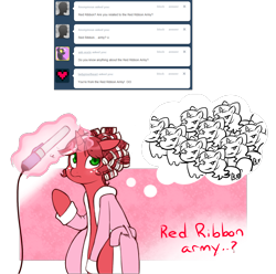 Size: 1280x1272 | Tagged: safe, artist:redintravenous, derpibooru import, oc, oc:red ribbon, pony, unicorn, alternate hairstyle, ask red ribbon, female, hair curlers, magic, mare, solo, thought bubble