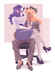 Size: 1077x1423 | Tagged: safe, artist:irisikiki, derpibooru import, applejack, rarity, human, g4, alternate hairstyle, applejack's hat, bedroom eyes, belt, chair, clothes, cowboy hat, dark skin, duo, eyeshadow, female, freckles, hat, high heels, horn, horned humanization, humanized, kiss mark, lesbian, lipstick, looking at each other, looking at someone, makeup, nail polish, office chair, pants, rarijack, shipping, shirt, shoes, sitting on lap, skirt, stockings, suit, thigh highs