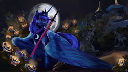 Size: 2560x1440 | Tagged: safe, artist:krapinkaius, derpibooru import, princess luna, alicorn, pony, g4, beautiful, blue eyes, blue mane, blue tail, castle, clothes, crown, digital art, ear fluff, ears, feather, female, flower, flowing mane, flowing tail, francisco goya, glowing, horn, jewelry, lidded eyes, mare, moon, night, peytral, regalia, rose, smiling, spanish, spread wings, statue, sword, tail, the sleep of reason produces monsters, translated in the comments, walking, weapon, wings