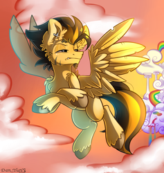 Size: 1800x1900 | Tagged: safe, artist:yuris, derpibooru import, oc, pegasus, pony, cloud, cloudsdale, ears up, flying, male, sky, solo, trade