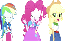Size: 4012x2520 | Tagged: safe, derpibooru import, edit, edited screencap, editor:homersimpson1983, screencap, applejack, pinkie pie, rainbow dash, human, equestria girls, g4, arms, background removed, bracelet, breasts, bust, button-up shirt, clothes, collar, crossed arms, denim skirt, eyes closed, female, fingers, freckles, hair, hand, jewelry, not a vector, open mouth, open smile, ponytail, shirt, simple background, skirt, smiling, t-shirt, teenager, teeth, transparent background, v-neck, vest, wristband