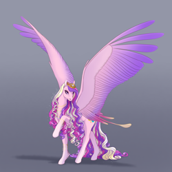Size: 2048x2048 | Tagged: safe, artist:eljesala, derpibooru import, princess cadance, pegasus, pony, g4, colored wings, crown, curly hair, curly mane, curly tail, feathered fetlocks, female, gradient background, gradient wings, high res, jewelry, large wings, long legs, long mane, long tail, looking at you, mare, multicolored wings, necklace, pegasus cadance, race swap, raised hoof, raised leg, regalia, signature, smiling, smiling at you, solo, spread wings, tail, wings