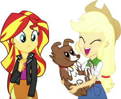 Size: 3093x2520 | Tagged: safe, derpibooru import, edit, edited screencap, editor:homersimpson1983, screencap, applejack, sunset shimmer, winona, dog, human, equestria girls, g4, background removed, belt, breasts, bust, button-up shirt, carrying, clothes, cowboy hat, denim skirt, eyes closed, female, freckles, hair, hand on chest, hat, holding, jacket, laughing, leather, leather jacket, not a vector, open mouth, open smile, pockets, ponytail, shirt, simple background, skirt, smiling, teenager, teeth, top, transparent background