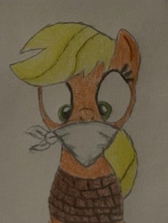 Size: 3024x4032 | Tagged: safe, derpibooru import, applejack, g4, bondage, bound and gagged, cloth gag, damsel in distress, gag, hatless, kidnapped, missing accessory, solo, tied up, traditional art