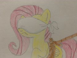 Size: 4032x3024 | Tagged: safe, derpibooru import, fluttershy, pegasus, pony, g4, blindfold, bondage, bound wings, damsel in distress, kidnapped, rope, rope bondage, solo, tied up, traditional art, wings