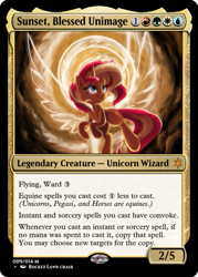 Size: 375x523 | Tagged: safe, artist:rocket-lawnchair, derpibooru import, edit, sunset shimmer, pony, unicorn, g4, artificial wings, atg 2020, augmented, ccg, female, flying, halo, magic, magic the gathering, magic wings, mare, newbie artist training grounds, smiling, solo, trading card, trading card edit, trading card game, wings