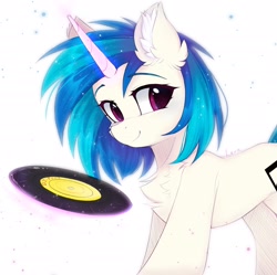 Size: 2560x2550 | Tagged: safe, artist:lerkfruitbat, derpibooru import, dj pon-3, vinyl scratch, pony, unicorn, g4, chest fluff, colored eyebrows, concave belly, cute, ear fluff, ears, eyebrows, eyebrows visible through hair, female, glowing, glowing horn, high res, horn, levitation, looking at you, magic, mare, missing accessory, record, signature, simple background, smiling, smiling at you, solo, sternocleidomastoid, telekinesis, vinylbetes, white background