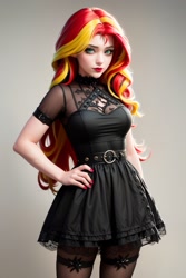 Size: 1024x1536 | Tagged: safe, ai content, derpibooru import, generator:yodayo, machine learning generated, sunset shimmer, human, g4, black shirt, breasts, clothes, goth, gothic, humanized, lipstick, long hair, looking at you, makeup, miniskirt, painted nails, pantyhose, prompter:sammykun, reasonably sized breasts, see-through, shirt, short sleeves, skirt, sunset jiggler