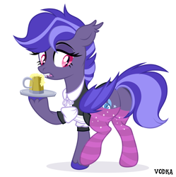 Size: 4500x4524 | Tagged: safe, alternate version, artist:c1trine, artist:zakypo, derpibooru exclusive, derpibooru import, oc, oc only, oc:night watch, bat pony, pony, base used, bat pony oc, butt, cider, cider mug, clothes, commission, dress, fangs, female, maid, mare, mug, open mouth, plot, raised hoof, raised leg, simple background, socks, solo, striped socks, tray, unshorn fetlocks, white background, ych result