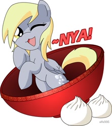 Size: 884x1000 | Tagged: safe, artist:alfa995, derpibooru import, derpy hooves, pegasus, pony, g4, 2013, anime style, artifact, bipedal, bowl, cute, daaaaaaaaaaaw, derpabetes, dumplings, female, food, happy, hnnng, link in description, looking at you, mare, nostalgia, nya, old art, simple background, smiling, smiling at you, solo, weapons-grade cute, white background, youtube link