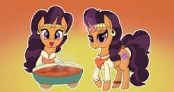 Size: 4096x2160 | Tagged: safe, artist:suryfromheaven, derpibooru import, saffron masala, pony, unicorn, g4, curry, food, gold, gradient background, happy, indian, jewelry, looking at you, neckerchief, solo