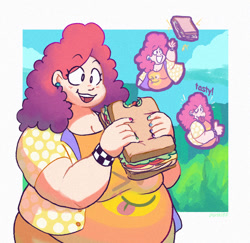 Size: 1049x1019 | Tagged: safe, artist:punkittdev, derpibooru import, pinkie pie, human, g4, bbw, bite mark, breasts, cleavage, clothes, fat, female, food, grin, humanized, light skin, obese, one eye closed, open mouth, open smile, piggy pie, pinkie pies, pudgy pie, sandwich, smiling, solo, thumbs up, tongue, tongue out