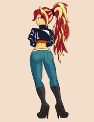 Size: 1217x1588 | Tagged: safe, artist:peel_a_na, derpibooru import, sunset shimmer, human, equestria girls, g4, ass, boots, bunset shimmer, butt, clothes, denim, eye clipping through hair, high heel boots, jacket, jeans, leather, leather jacket, looking at you, looking back, looking back at you, midriff, pants, ponytail, rear view, shoes, simple background, solo, stupid sexy sunset shimmer