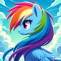 Size: 1024x1024 | Tagged: safe, ai content, derpibooru import, machine learning generated, rainbow dash, pegasus, pony, g4, bust, cloud, female, mare, portrait, profile, prompter:meshari7, sky, solo