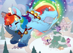 Size: 6401x4624 | Tagged: safe, artist:cutepencilcase, derpibooru import, applejack, fluttershy, pinkie pie, rainbow dash, rarity, twilight sparkle, twilight sparkle (alicorn), alicorn, earth pony, pegasus, pony, unicorn, g4, absurd resolution, animal costume, antlers, cheek fluff, christmas, christmas tree, clothes, costume, decorating, ear fluff, ears, eye clipping through hair, female, floppy ears, flying, grin, harness, hat, high angle, holiday, hoof fluff, jingle bells, looking at you, mane six, mare, one eye closed, open mouth, rainbow trail, reindeer antlers, reindeer costume, reindeer dash, scarf, smiling, smiling at you, snow, solo focus, tree, underhoof, windswept mane, wink, winking at you, winter, x eyes