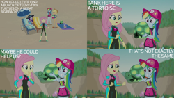 Size: 2000x1125 | Tagged: safe, derpibooru import, edit, edited screencap, editor:quoterific, screencap, applejack, fluttershy, rainbow dash, rarity, tank, aww... baby turtles, better together, equestria girls, g4, beach, clothes, swimsuit