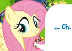 Size: 536x379 | Tagged: safe, derpibooru import, fluttershy, pegasus, pony, g4, cropped, dialogue, dialogue box, english, female, gameloft, mare, meme, mobile game, my little pony: magic princess, official, oh, reaction image, speech bubble, spread wings, text, wings, wow! glimmer