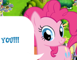 Size: 603x467 | Tagged: safe, derpibooru import, pinkie pie, earth pony, pony, g4, cropped, dialogue, dialogue box, english, female, gameloft, looking at you, mare, meme, mobile game, my little pony: magic princess, speech bubble, text, wow! glimmer, you