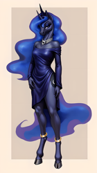 Size: 1608x2880 | Tagged: safe, ai content, derpibooru import, generator:easyfluff v11.2, generator:stable diffusion, machine learning generated, princess luna, alicorn, anthro, unguligrade anthro, g4, anklet, breasts, clothes, cloven hooves, crown, dress, ethereal mane, ethereal tail, female, hooves, jewelry, looking at you, makeup, mare, necklace, prompter:steve lahnring, regalia, short dress, side slit, simple background, small breasts, solo, standing, tail, total sideslit, wingless, wingless alicorn, wingless anthro