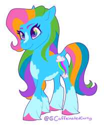 Size: 1207x1448 | Tagged: safe, artist:caffeinatedcarny, derpibooru import, rainbow dash (g3), earth pony, pony, g3, coat markings, concave belly, multicolored eyes, redesign, simple background, slim, smiling, solo, thin, transparent background, unshorn fetlocks