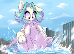 Size: 2781x2059 | Tagged: safe, artist:lustrebeam, derpibooru import, oc, oc only, oc:lustrebeam, pegasus, pony, big ears, chest fluff, city, cityscape, cloud, cloudy, cute, cute little fangs, destruction, ear fluff, ears, fangs, floppy ears, giant pony, grooming, hooves, macro, preening, raised hoof, raised leg, splashing, teal mane, underhoof, water, wave, wings