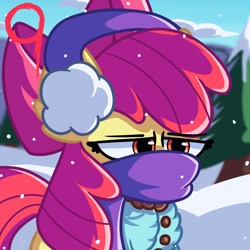 Size: 2048x2048 | Tagged: safe, artist:bluebery57, derpibooru import, apple bloom, earth pony, pony, g4, apple bloom is not amused, clothes, earmuffs, female, filly, foal, pine tree, scarf, snow, snowfall, solo, tree, unamused