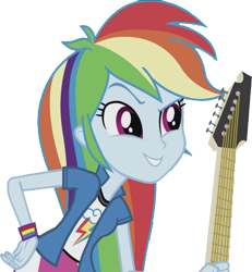 Size: 2332x2520 | Tagged: safe, derpibooru import, edit, edited screencap, editor:homersimpson1983, screencap, rainbow dash, human, equestria girls, g4, arms, background removed, breasts, bust, clothes, collar, electric guitar, eyebrows, female, guitar, hair, hand on hip, holding, leaning, leaning forward, musical instrument, not a vector, raised eyebrow, shirt, simple background, skirt, smiling, solo, t-shirt, teenager, teeth, transparent background, wristband