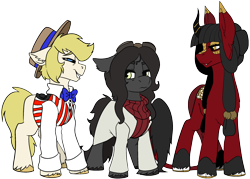 Size: 2388x1711 | Tagged: safe, artist:brainiac, derpibooru import, oc, oc only, oc:haymaker, oc:kokuma, oc:ruby kirin, oc:silent echoes, earth pony, kirin, pony, 2024 community collab, derpibooru community collaboration, female, male, mare, simple background, stallion, transparent background