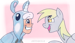 Size: 1024x589 | Tagged: safe, artist:zeffdakilla, derpibooru import, derpy hooves, oc, oc:bubbles, human, pegasus, pony, g4, clothes, crossover, duo, eye shimmer, female, grin, happy, hoodie, looking at each other, looking at someone, male, non-mlp oc, raised hoof, raised leg, scout, simple background, smiling, team fortress 2