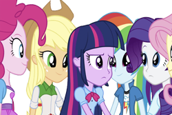 Size: 3778x2520 | Tagged: safe, derpibooru import, edit, edited screencap, editor:homersimpson1983, screencap, applejack, fluttershy, pinkie pie, rainbow dash, rarity, sci-twi, twilight sparkle, human, equestria girls, g4, rainbow rocks, background removed, blouse, bowtie, breasts, bust, button-up shirt, clothes, collar, cowboy hat, female, freckles, frown, hair, happy, hat, humane five, humane six, jacket, looking at each other, looking at someone, not a vector, ponytail, puffy sleeves, shirt, simple background, skirt, smiling, t-shirt, teenager, transparent background, vest