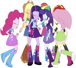 Size: 2828x2520 | Tagged: safe, derpibooru import, edit, edited screencap, editor:homersimpson1983, screencap, applejack, fluttershy, pinkie pie, rainbow dash, rarity, sci-twi, sunset shimmer, twilight sparkle, dog, human, equestria girls, g4, rainbow rocks, background removed, belt, blouse, boots, bowtie, bracelet, breasts, bust, button-up shirt, clothes, cowboy hat, denim skirt, eyes closed, female, freckles, hair, hairpin, happy, hat, humane five, humane seven, humane six, jacket, jewelry, leather, leather jacket, makeup, male, not a vector, ponytail, puffy sleeves, puppy, raised leg, running, shirt, shoes, simple background, skipping, skirt, smiling, t-shirt, tanktop, teenager, teeth, transparent background, vest, wristband