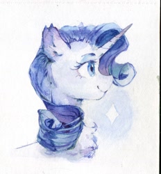 Size: 1142x1228 | Tagged: safe, artist:laymy, derpibooru import, rarity, pony, unicorn, g4, bust, chest fluff, female, mare, profile, smiling, solo, traditional art