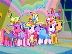 Size: 900x675 | Tagged: safe, derpibooru import, screencap, cheerilee (g3), scootaloo (g3), starsong, sweetie belle (g3), toola roola, butterfly, earth pony, pegasus, pony, unicorn, g3, book, candle, clothes, cupcake, dress, flower, flower in hair, food, hat, heart, high heels, kerchief, meet the ponies, necktie, paintbrush, pants, rainbow dash's hat fashion party, raised hoof, raised leg, shirt, shoes, sun hat, top hat, trophy