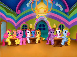 Size: 900x675 | Tagged: safe, derpibooru import, screencap, moondancer (g3), piccolo, pinkie pie (g3), puzzlemint, sunny daze (g3), wysteria, earth pony, pony, g3, bumblesweet (g3), crowd, flower, interior, meet the ponies, merriweather, rainbow dash's hat fashion party, spring parade