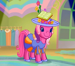 Size: 623x545 | Tagged: safe, derpibooru import, screencap, cheerilee (g3), earth pony, pony, g3, book, clothes, dress, flower, hat, high heels, meet the ponies, rainbow dash's hat fashion party, shoes, solo, spotlight