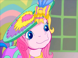 Size: 900x675 | Tagged: safe, derpibooru import, screencap, toola roola, earth pony, pony, g3, bow, clothes, cute, dress, hair bow, meet the ponies, paint, rainbow dash's hat fashion party, solo