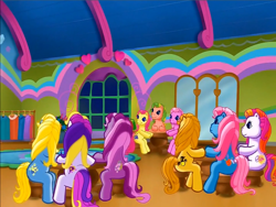 Size: 900x675 | Tagged: safe, derpibooru import, screencap, moondancer (g3), piccolo, pinkie pie (g3), puzzlemint, sunny daze (g3), wysteria, earth pony, pony, g3, bumblesweet (g3), crowd, interior, meet the ponies, merriweather, rainbow dash's hat fashion party, sitting, spring parade, table