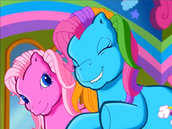 Size: 900x675 | Tagged: safe, derpibooru import, screencap, pinkie pie (g3), rainbow dash (g3), earth pony, pony, g3, duo, excited, eyes closed, happy, lip bite, looking at someone, meet the ponies, rainbow dash's hat fashion party, raised hoof, raised hooves, raised leg