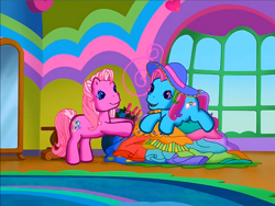 Size: 900x675 | Tagged: safe, derpibooru import, screencap, pinkie pie (g3), rainbow dash (g3), earth pony, pony, g3, bipedal, bipedal leaning, clothes, dress, duo, hat, leaning, looking at each other, looking at someone, lying down, meet the ponies, open mouth, prone, rainbow dash's hat fashion party, smiling, sploot, sun hat