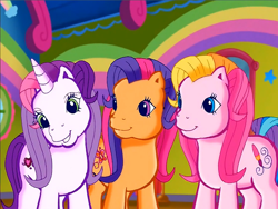 Size: 900x675 | Tagged: safe, derpibooru import, screencap, scootaloo (g3), sweetie belle (g3), toola roola, earth pony, pony, unicorn, g3, looking at someone, meet the ponies, rainbow dash's hat fashion party, smiling, trio