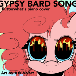 Size: 1000x1001 | Tagged: safe, artist:balooga, derpibooru import, pinkie pie, pony, g4, bust, dilated pupils, eye reflection, female, fire, gypsy bard, mare, portrait, reflection, slur, smiling, solo, song cover