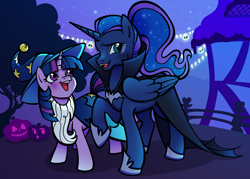 Size: 4200x3000 | Tagged: safe, artist:sparkytopia, derpibooru import, princess luna, twilight sparkle, unicorn twilight, alicorn, pony, unicorn, g4, luna eclipsed, clothes, costume, duo, female, halloween, holiday, jack-o-lantern, mare, nightmare night, nightmare night costume, pumpkin, signature, star swirl the bearded costume, tree