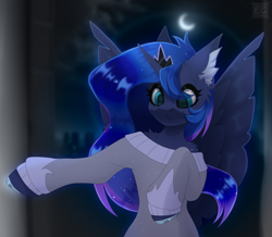 Size: 1830x1593 | Tagged: safe, artist:elektra-gertly, derpibooru import, princess luna, alicorn, pony, semi-anthro, g4, arm hooves, bipedal, clothes, commission, crescent moon, ear fluff, ears, female, mare, moon, night, shoulder fluff, solo, spread wings, sweater, wings