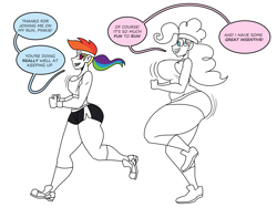 Size: 2100x1575 | Tagged: safe, artist:chillguydraws, artist:thicc-verse, derpibooru import, pinkie pie, rainbow dash, human, g4, breasts, clothes, converse, dialogue, duo, duo female, female, humanized, jogging, partial color, pinkie pies, rainboob dash, shoes, shorts, simple background, speech bubble, sweatband, white background