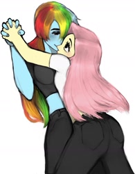 Size: 1531x1962 | Tagged: safe, artist:dalume_, derpibooru import, fluttershy, rainbow dash, equestria girls, g4, ass, butt, female, flutterbutt, flutterdash, height difference, holding hands, lesbian, midriff, shipping, simple background, white background