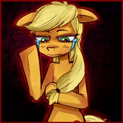 Size: 2080x2080 | Tagged: safe, artist:imdamaneman, derpibooru import, applejack, earth pony, pony, g4, bipedal, crying, ears, floppy ears, solo, wavy mouth, wiping tears