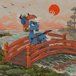 Size: 2160x2160 | Tagged: safe, artist:astroeden, derpibooru import, oc, oc only, earth pony, pony, album cover, armor, bridge, chest fluff, head turn, helmet, high res, japan, katana, river, samurai, scenery, solo, sun, sword, water, weapon